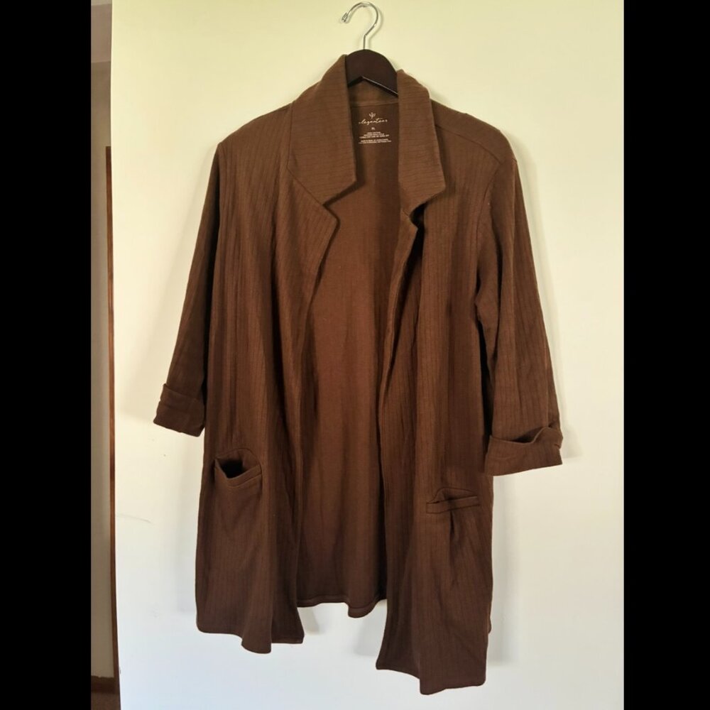 Women's Long Ribbed Jersey Blazer/Open Cardigan, Size XL, Brown, Elegantees